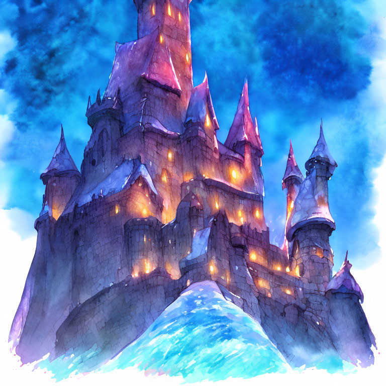 Enchanting castle illustration at twilight with lit windows