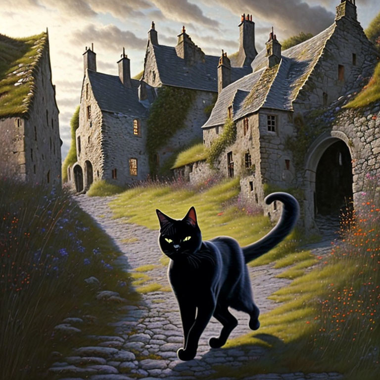 Black Cat with Yellow Eyes Walking Among Stone Houses at Dusk