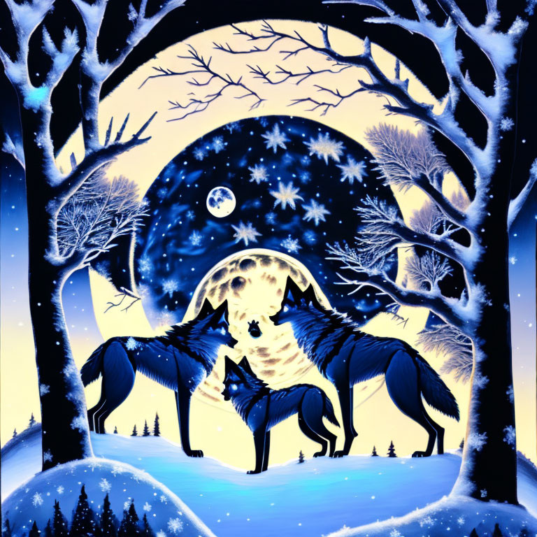 Illustration of two wolves in snowy night landscape