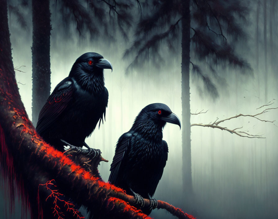 Ravens perched on misty forest branch.