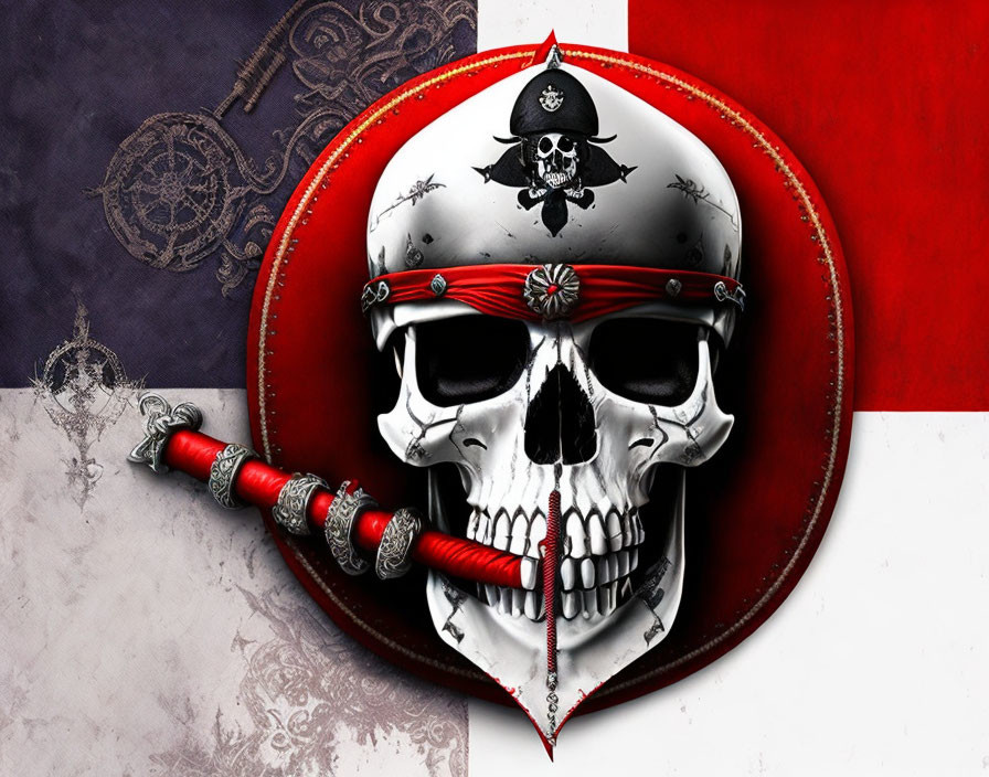 Stylized skull with red beret on flag backdrop and dagger