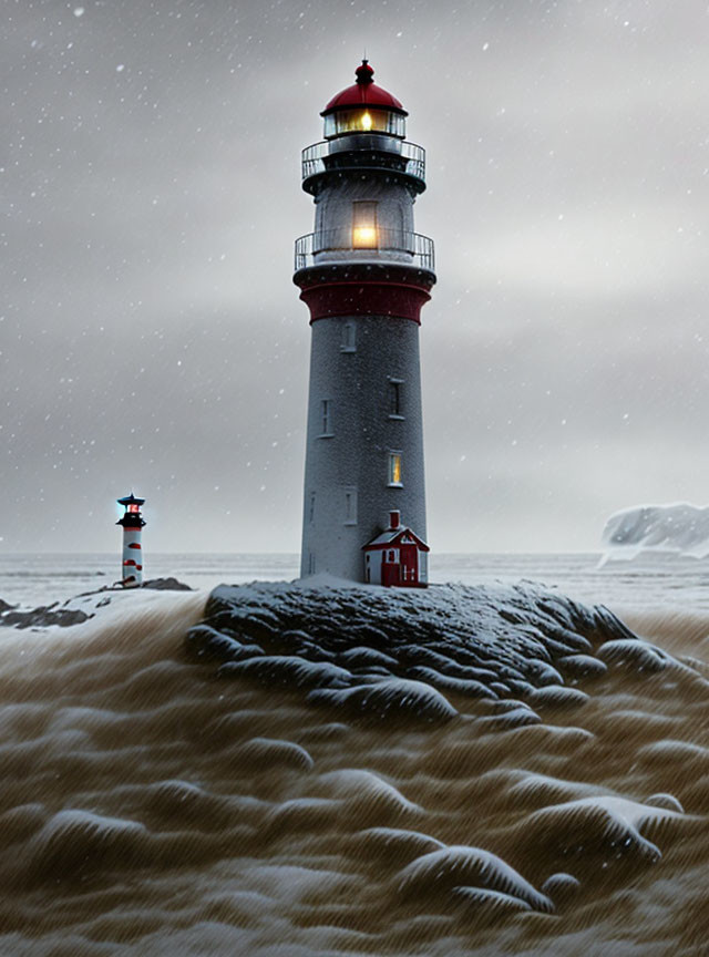 Towering lighthouse in snowy seascape with falling snowflakes