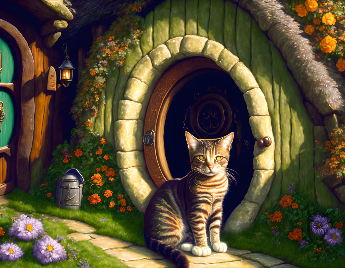 Tabby cat by green hobbit-style door on cobblestone path with flowers and lantern