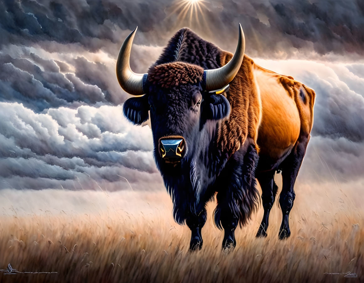 Majestic bull with large curved horns in golden field under dramatic sky