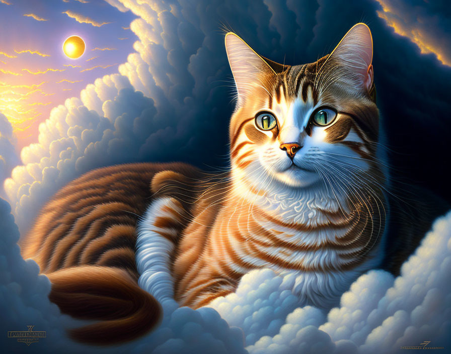 Orange Tabby Cat in Cloudy Sunset Sky Illustration