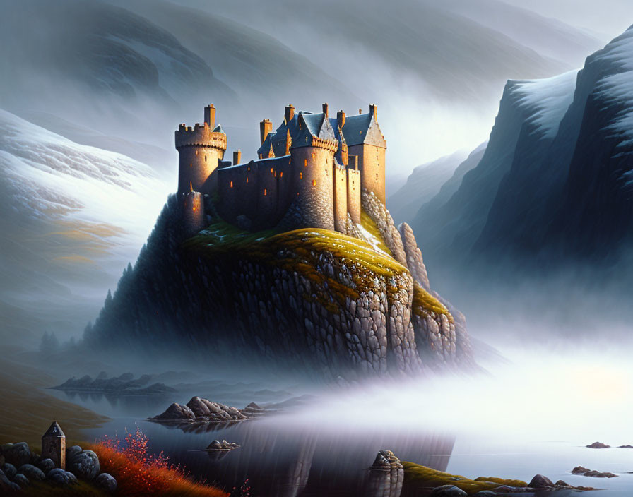 Castle on misty hill with twilight mountains