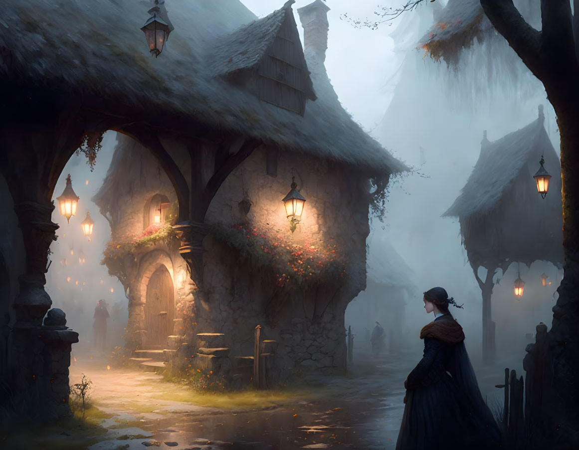 Historical woman in period clothing in foggy lantern-lit village.