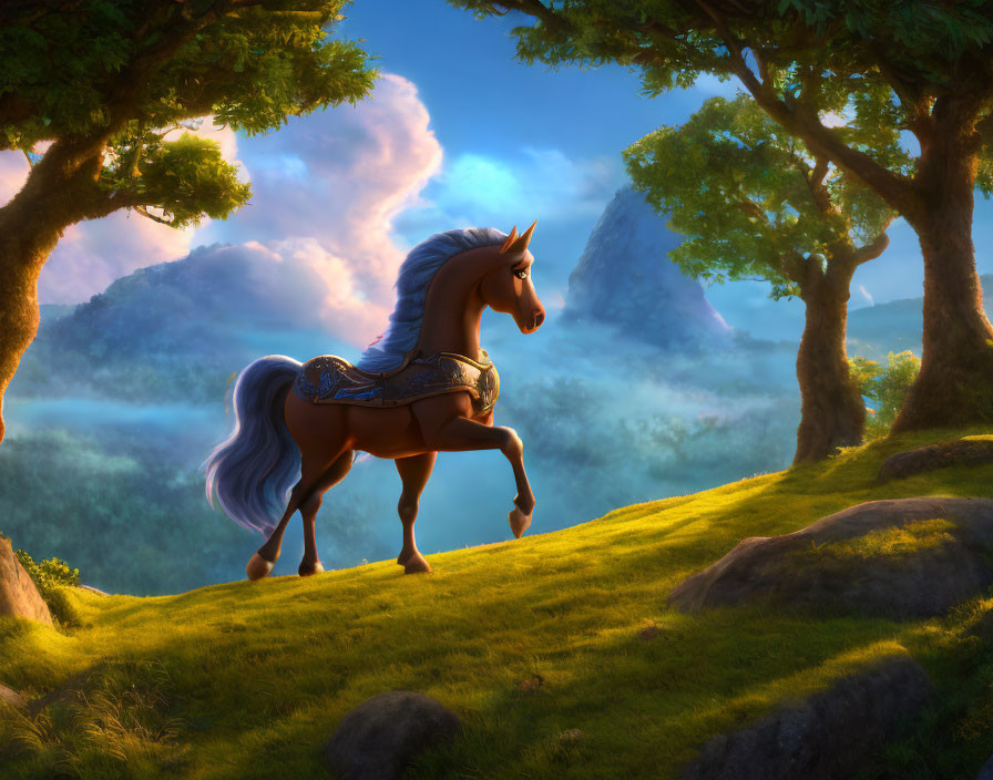 Majestic animated horse in sunlit forest landscape