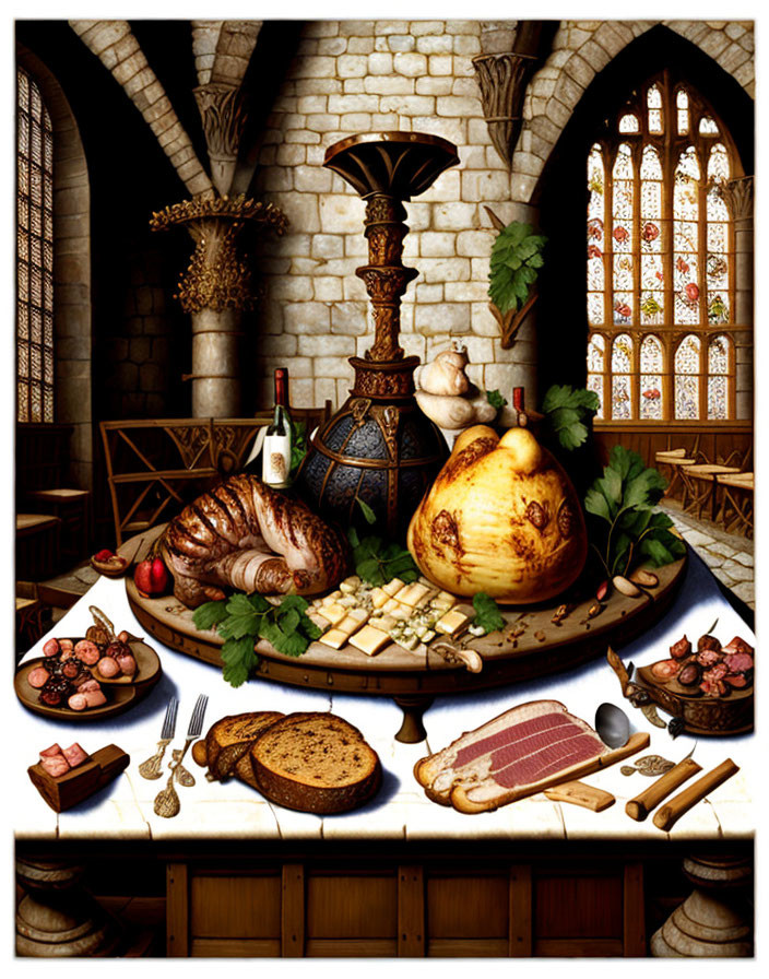 Medieval feast with roasted fowl, bread, cheese, and fruit on wooden table