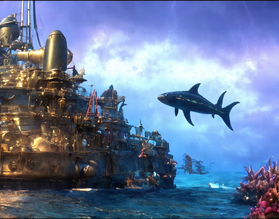 Underwater steampunk city scene with shark and vibrant coral