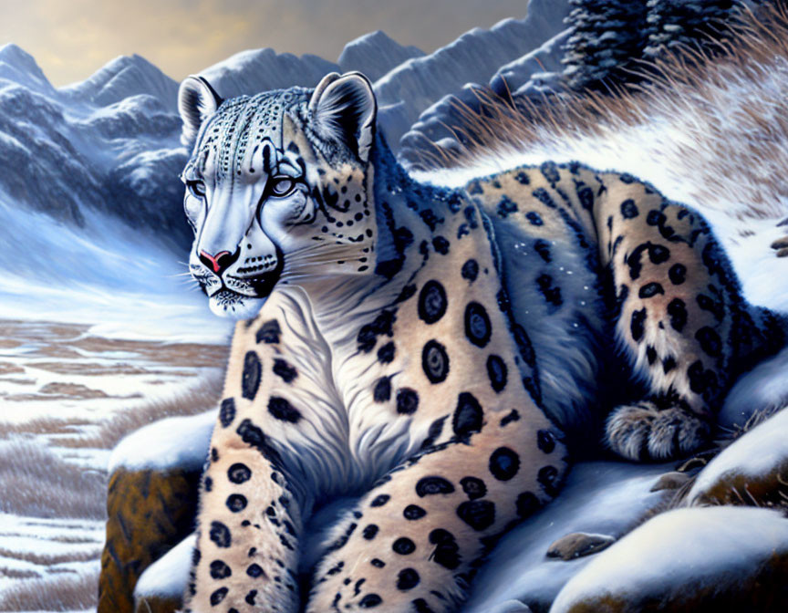 Digitally created snow leopard with blue eyes in snowy mountains.