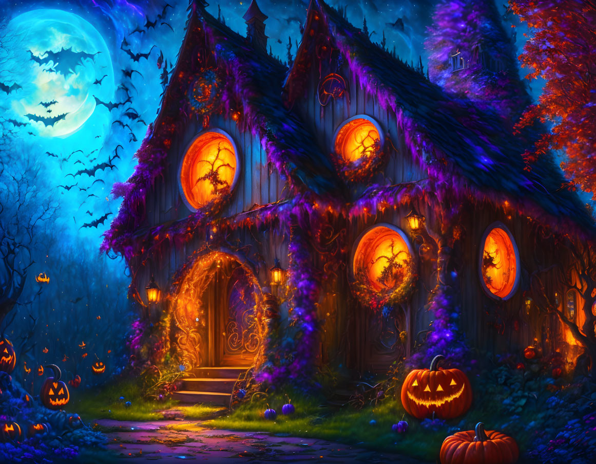 Enchanted Halloween house with pumpkin lanterns and blue moon in mystical forest