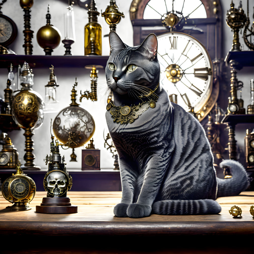 Majestic cat with sleek fur and decorative collar among vintage clocks and crystal skull