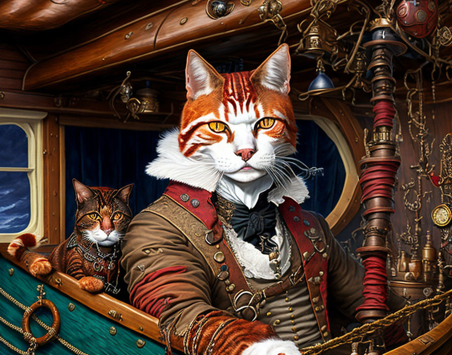 Steampunk pirate cats in ship cabin illustration