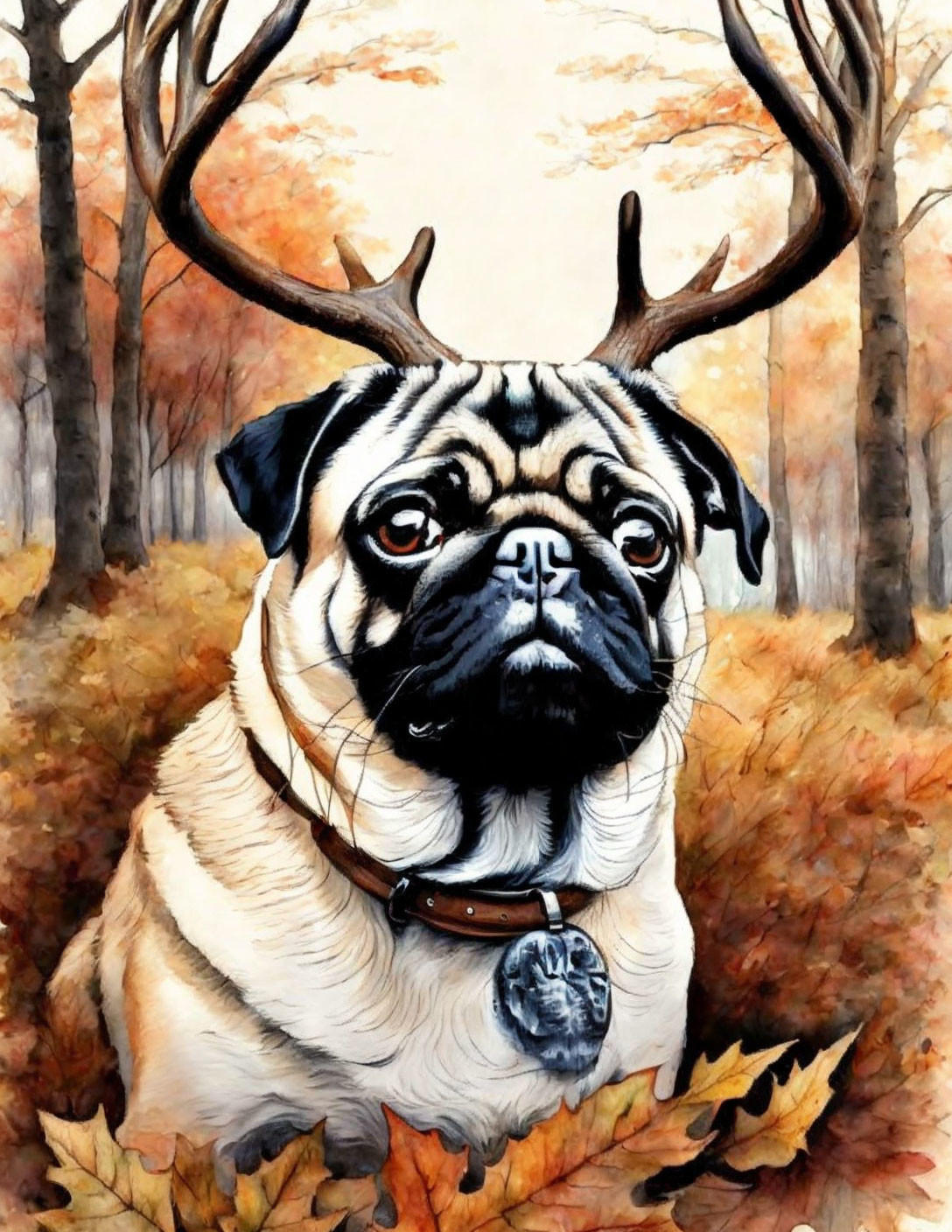 Illustrated pug with antlers in autumn setting among fall foliage.