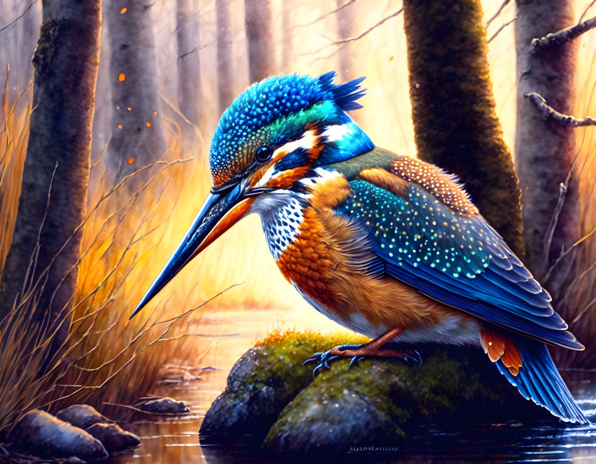 Vibrant kingfisher on rock with blue and orange plumage in misty forest