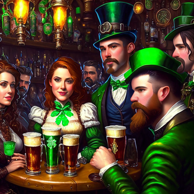 Animated characters in green St. Patrick's Day outfits with beer in bar setting