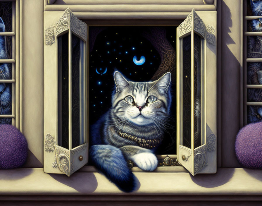 Tabby cat in window under starry night sky with smiling crescent moon.