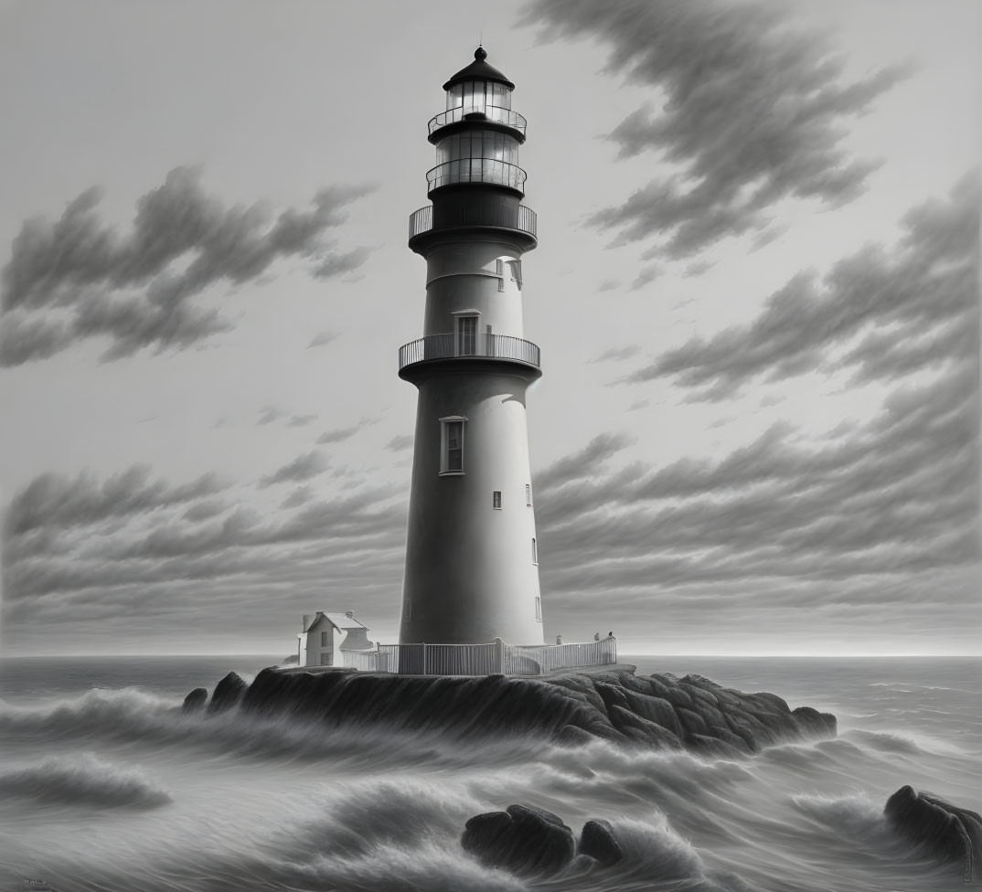 Monochromatic lighthouse on rocky outcrop with dramatic sky & rough sea waves