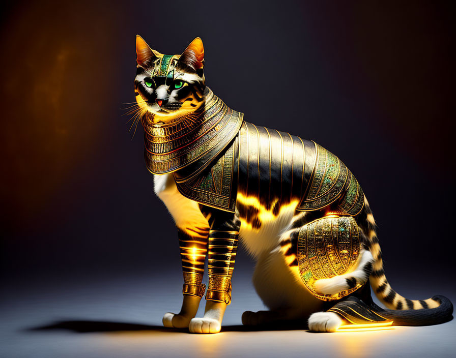 Cat in Ancient Egyptian-Style Armor on Dark Background