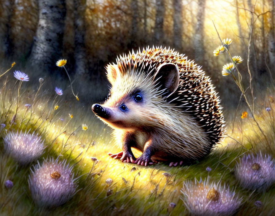 Curious hedgehog in sunlit forest with dandelions