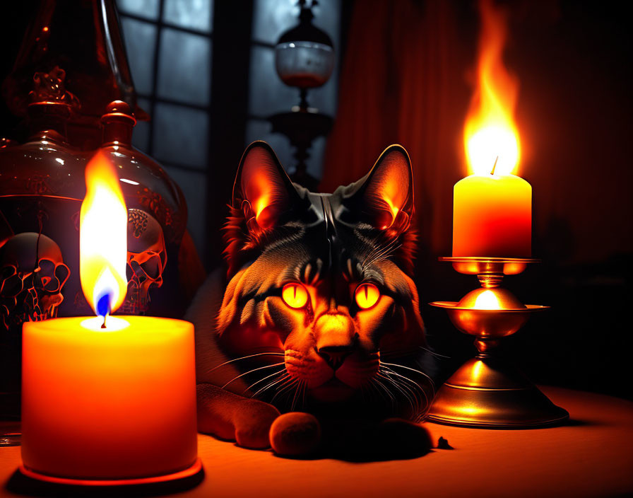 Glowing-eyed cat between candles in dark room with red light