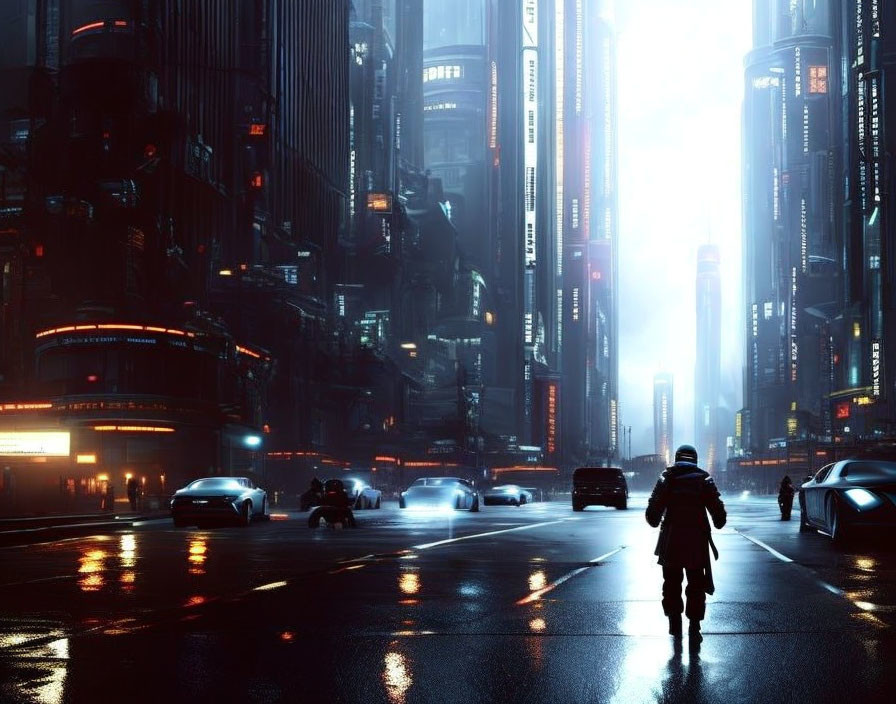 Solitary figure in cyberpunk cityscape with futuristic cars and neon skyscrapers