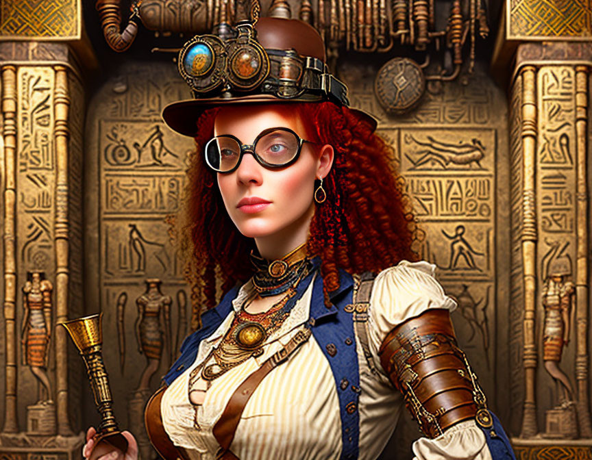 Steampunk-themed woman in Victorian dress with goggles and top hat against Egyptian hieroglyph backdrop