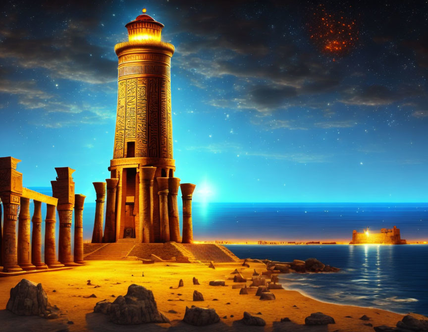 Ancient lighthouse, ruins, fortress by starlit sea & twilight sky