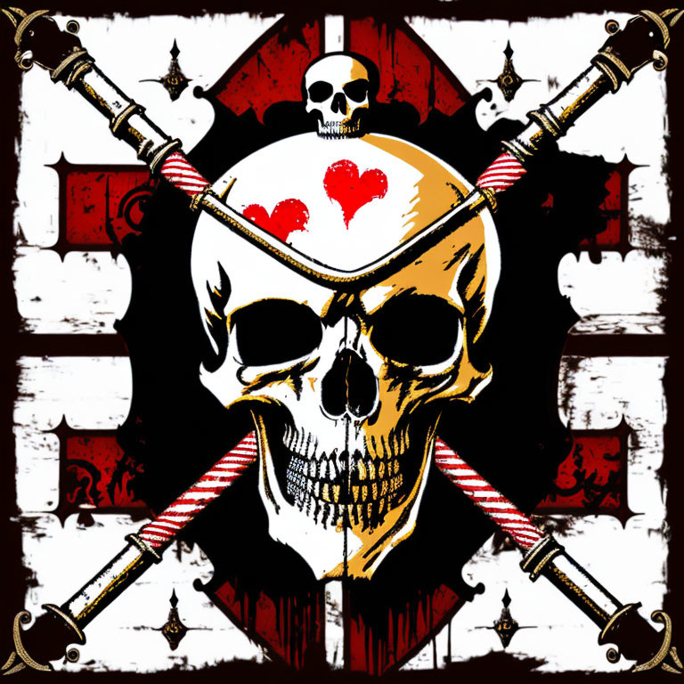 Skull and Crossbones with Heart on Checkerboard Background