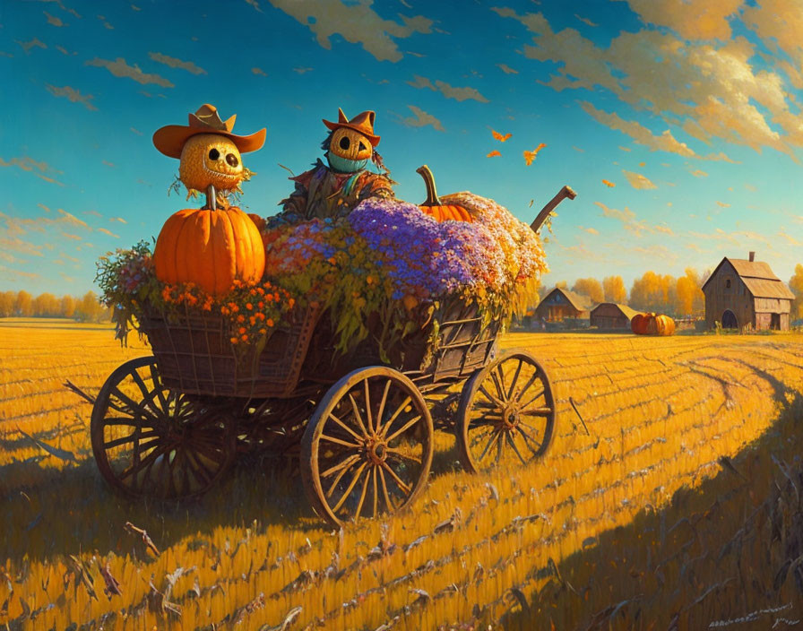 Scarecrows on wooden cart in autumn field with pumpkins and flowers