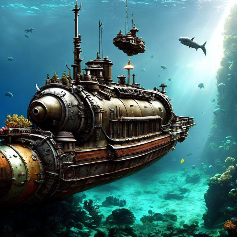 Steampunk submarine near coral reefs with floating island and shark