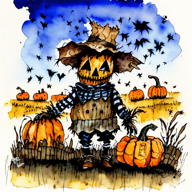 Smiling scarecrow in patchwork outfit with pumpkins under starry sky