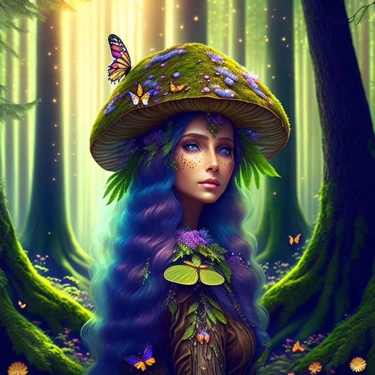 Illustration: Woman with Blue Hair in Forest Setting