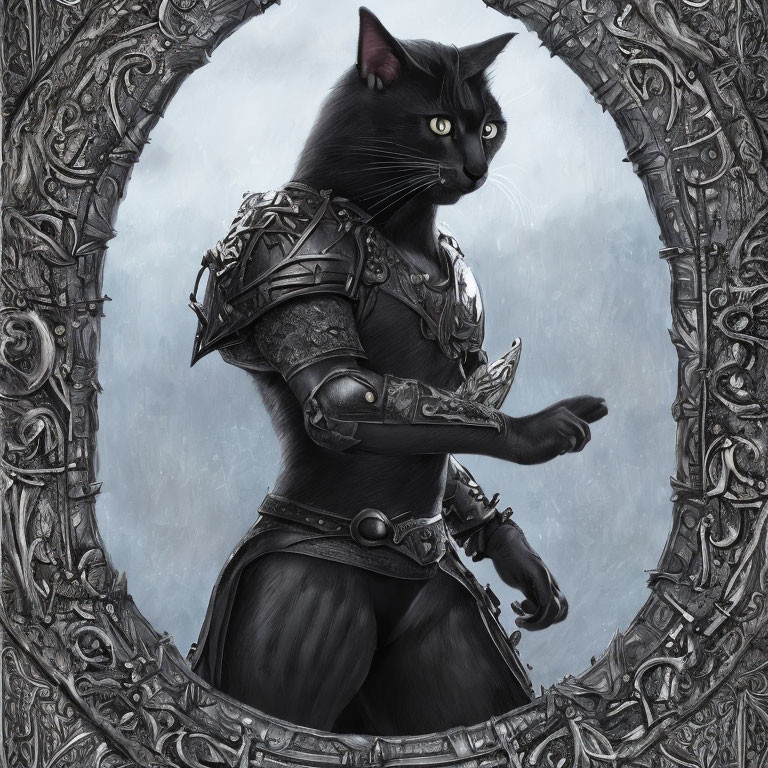 Black Cat in Medieval Armor Standing Heroically in Circular Frame