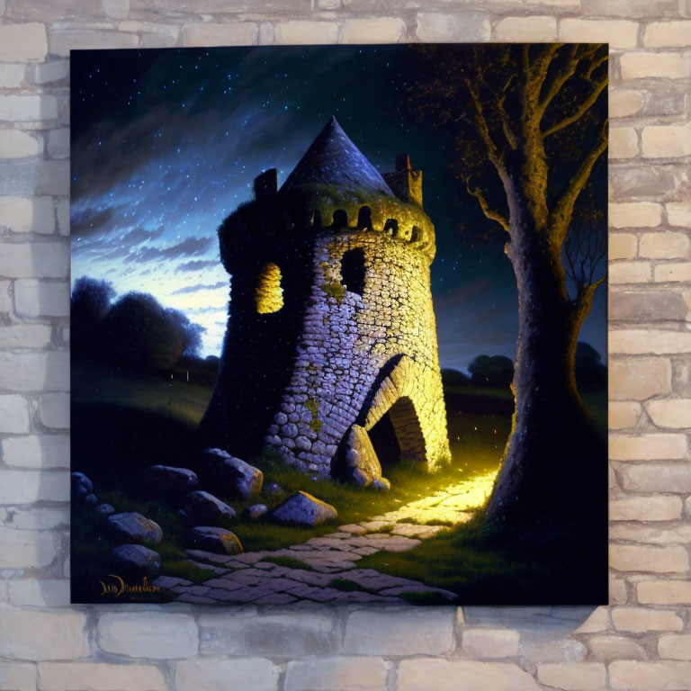 Nighttime painting of illuminated stone tower with tree silhouette on starry sky against brick wall