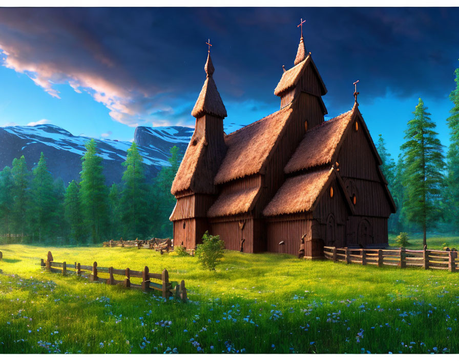 Digital artwork of traditional stave church in scenic landscape