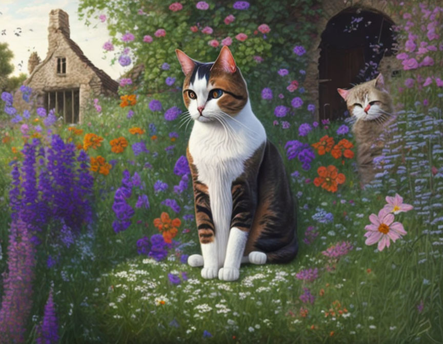 Colorful garden scene with two cats and a stone cottage