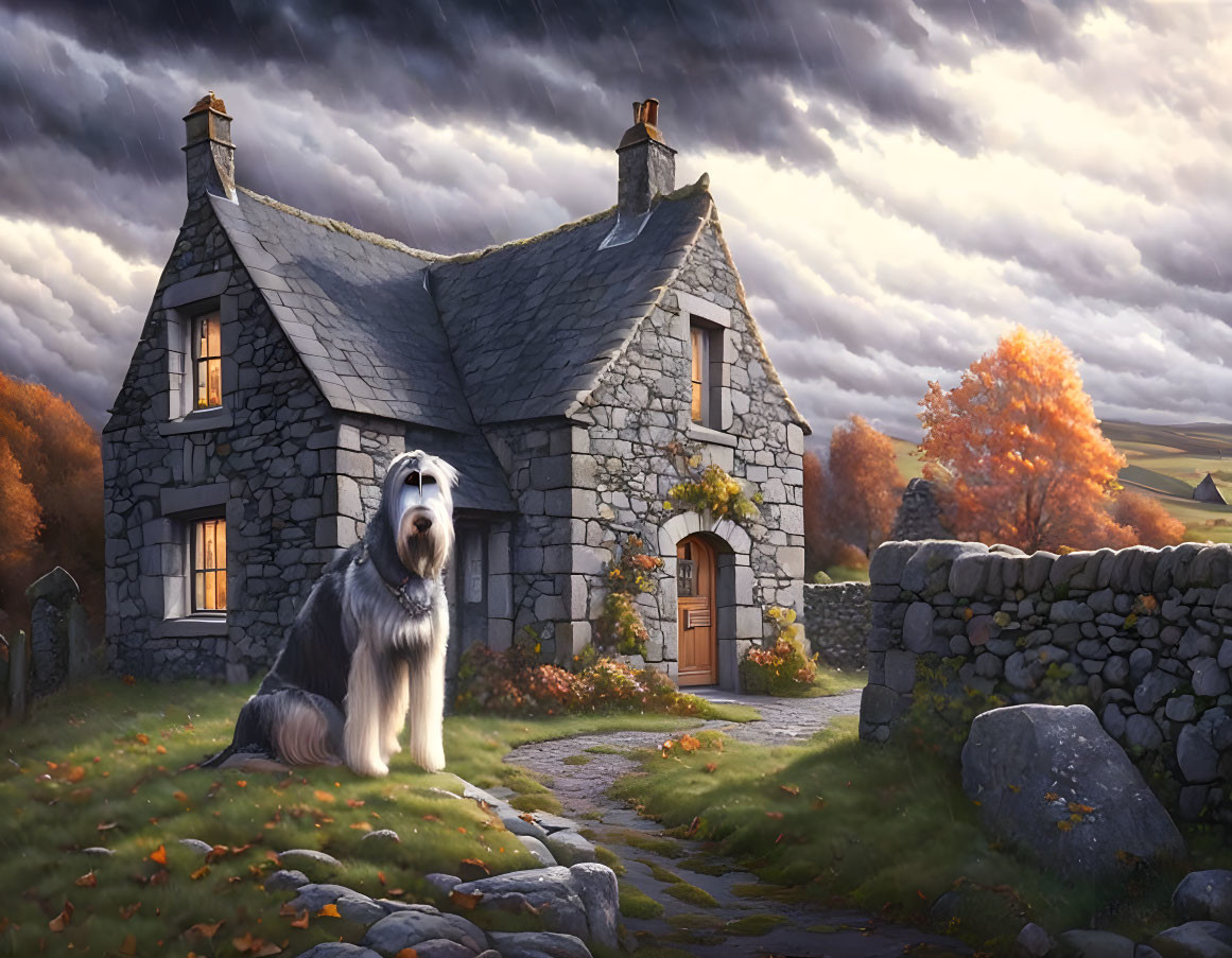 Large dog in front of quaint stone cottage with thatched roof in autumnal landscape.