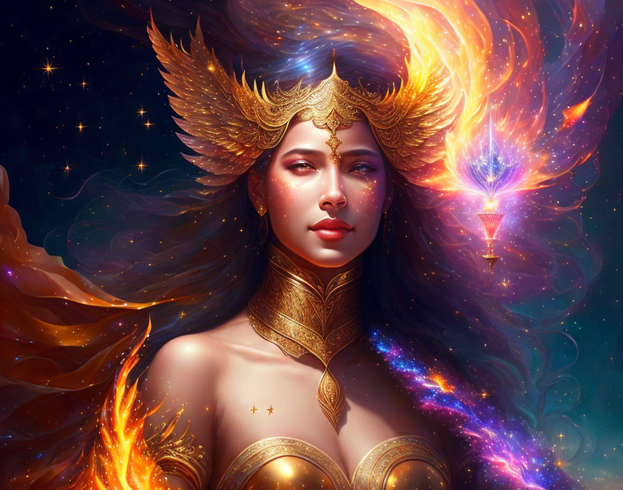 Mystical female figure with fiery cosmic hair and golden headdress against starry backdrop