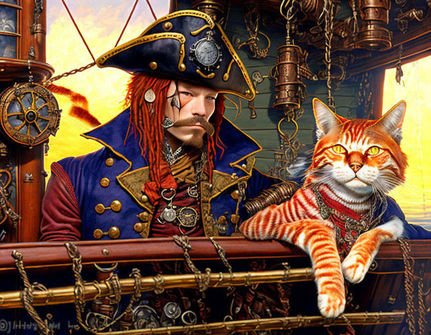 Digitally altered image of man and cat in pirate outfits aboard ship