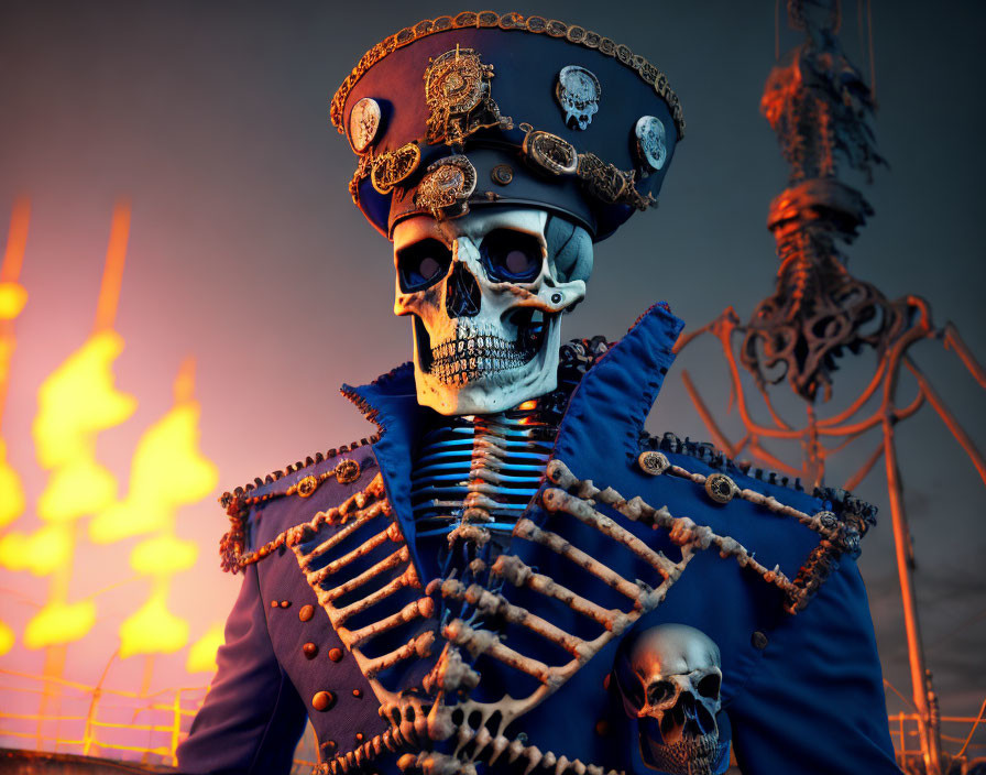 Skeleton in Blue Military Uniform Against Fiery Background