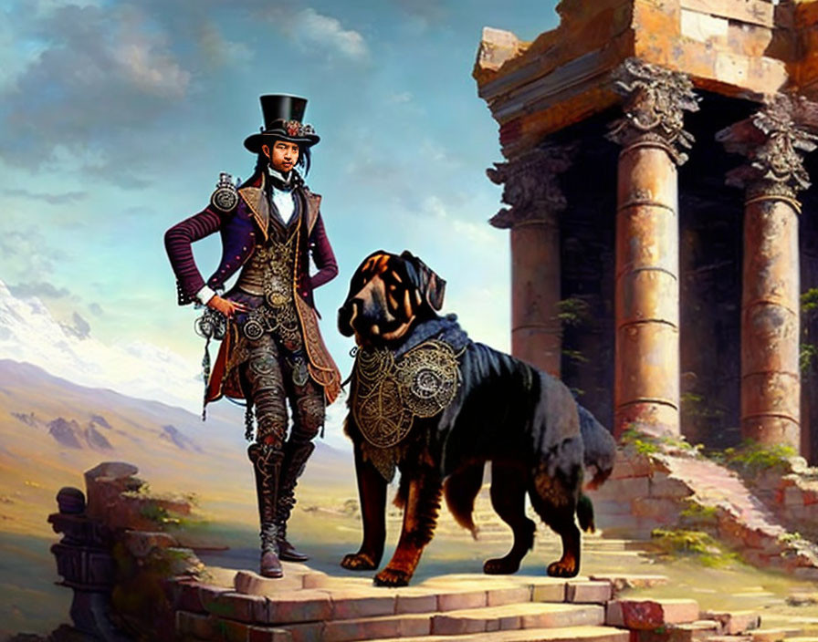 Person in ornate costume with top hat beside large dog in historic ruin setting under clear sky