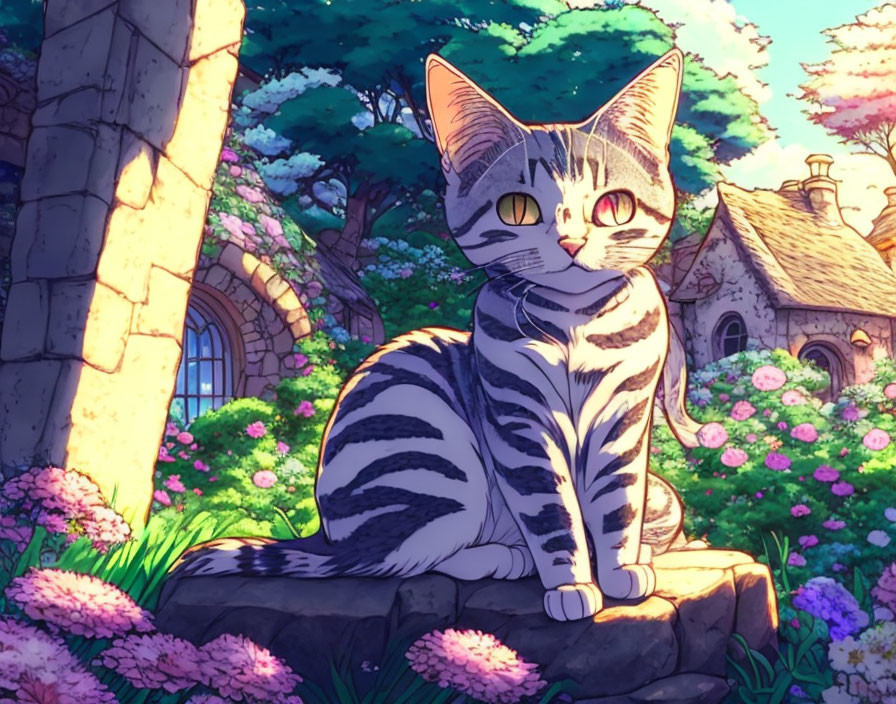 Tabby Cat Animated Scene with Cottage and Flowers at Twilight