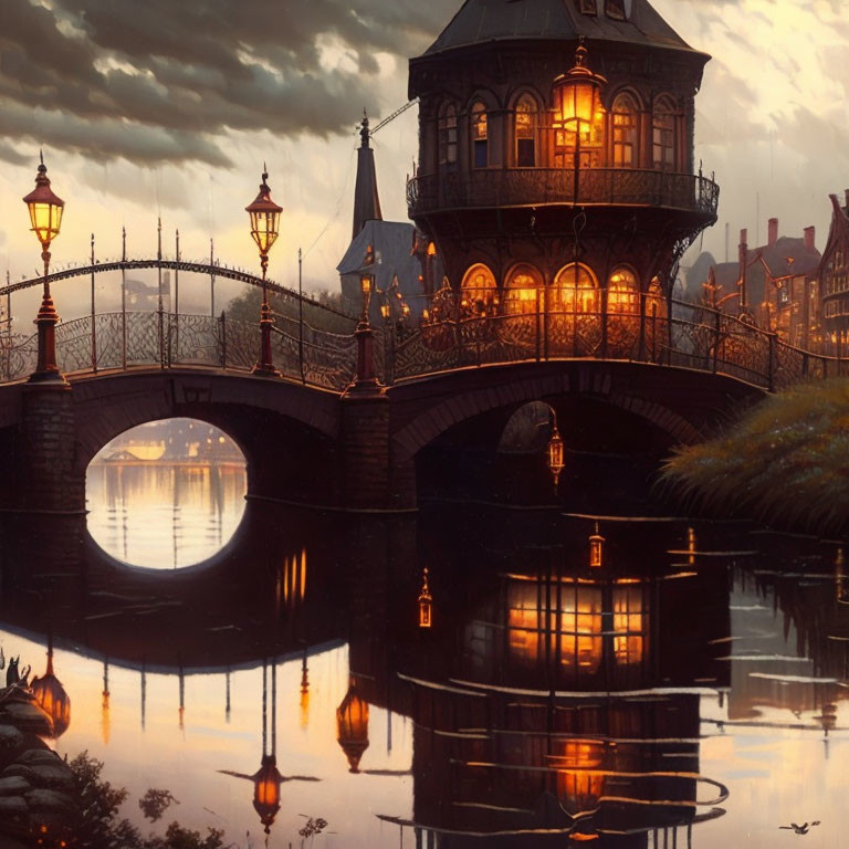 Victorian-style house on bridge over river at dusk with glowing windows and street lamps