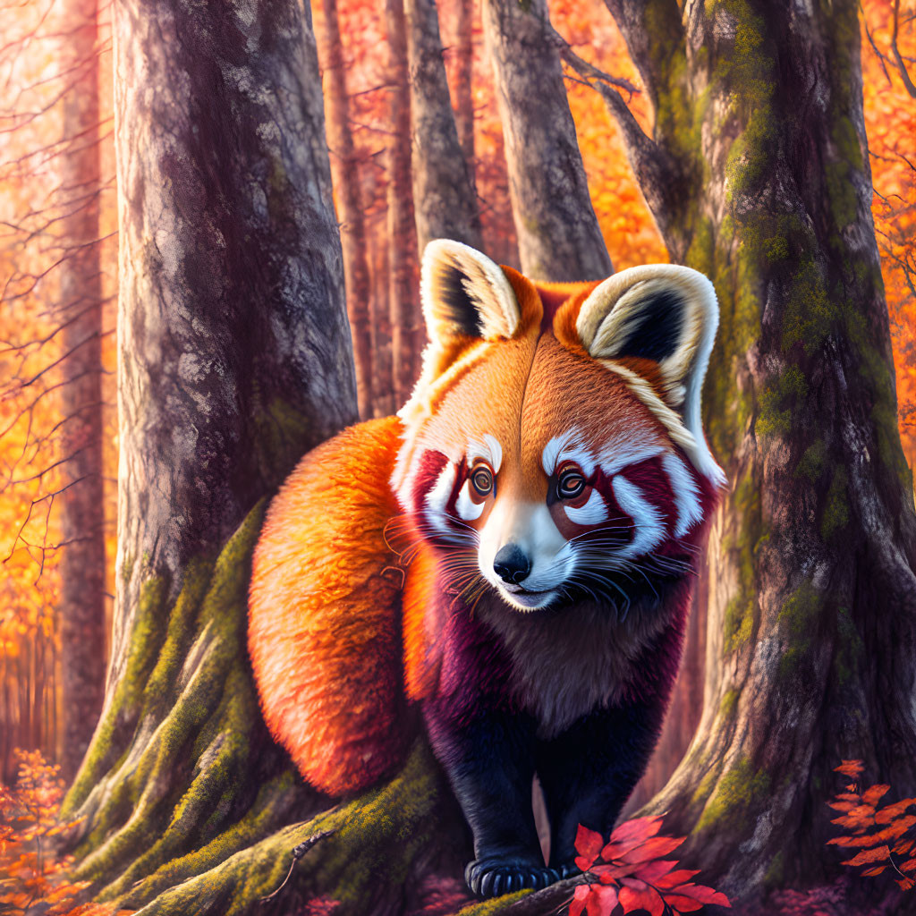 Colorful Autumn Forest Red Panda Illustration with Bushy Tail Holding Leaf