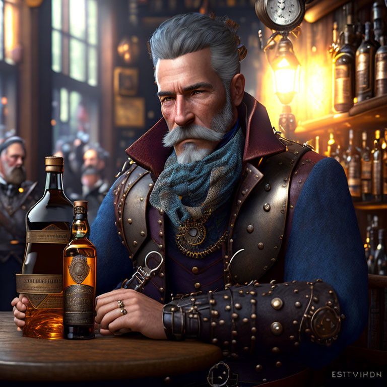 Elderly character with white beard and whiskey bottle at bar