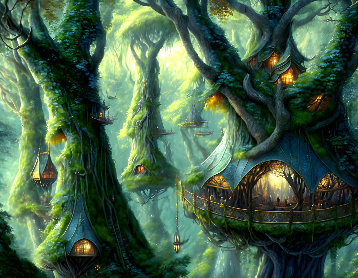 Magical forest with glowing treehouses and mist-covered ancient trees