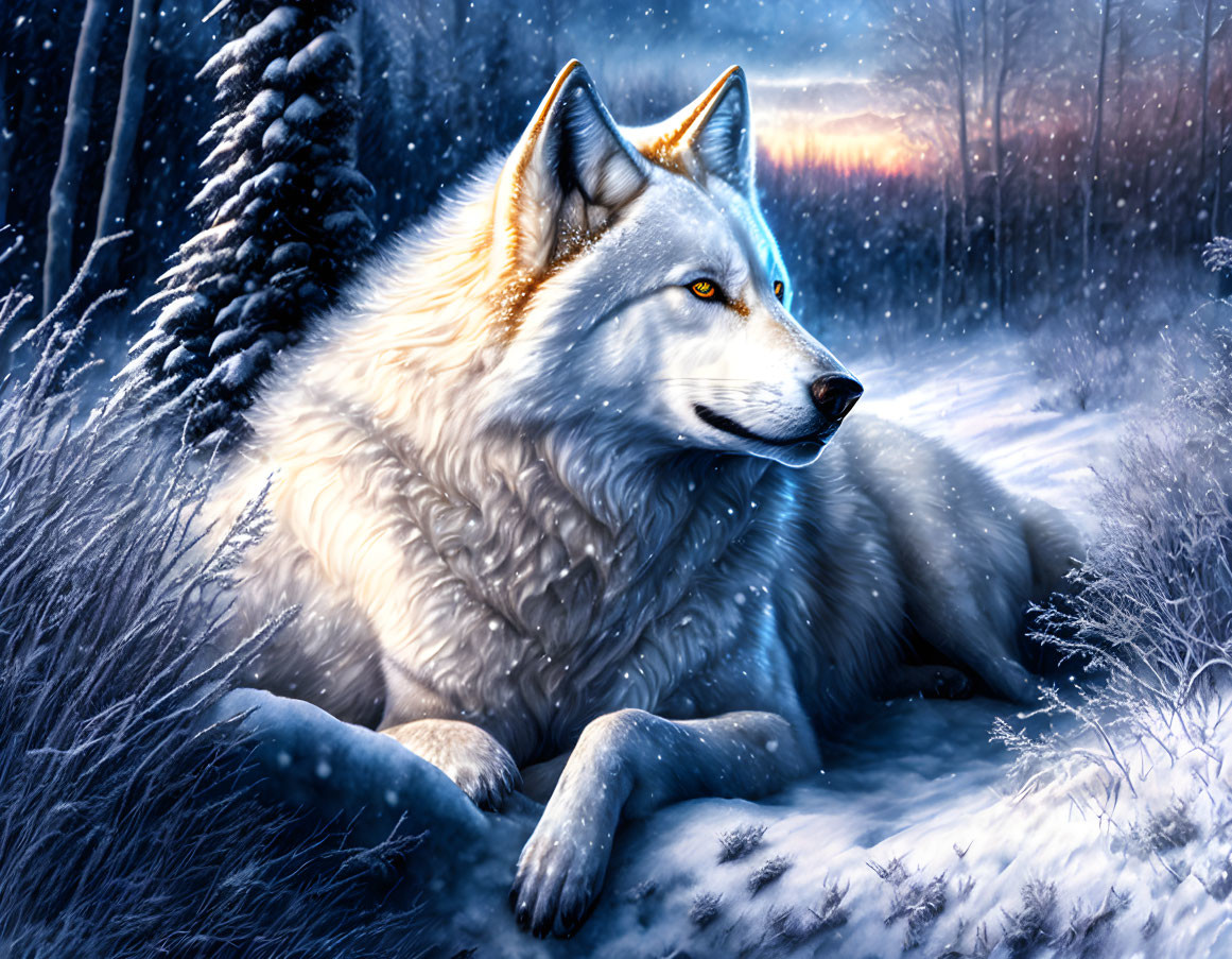 White wolf with blue eyes in snow-covered forest at twilight