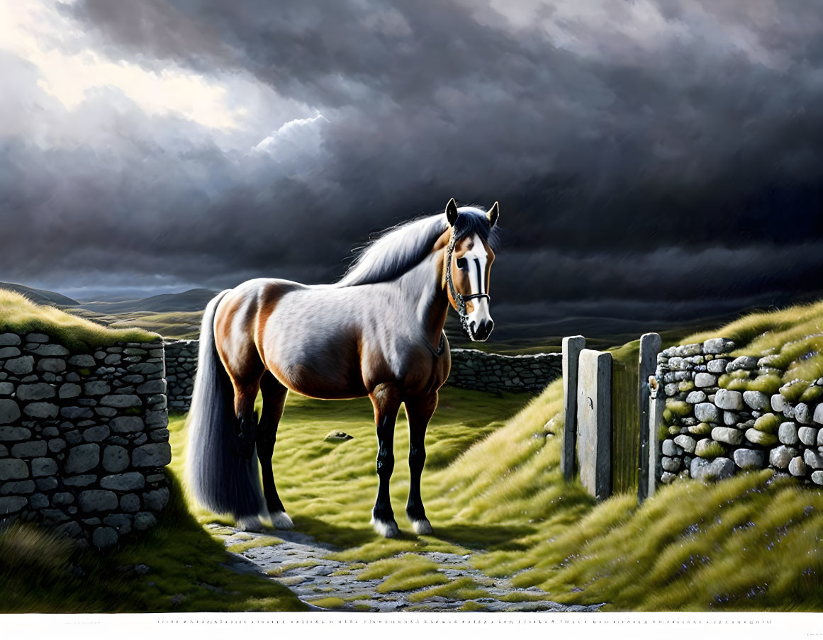 Brown and White Horse Between Stone Walls in Stormy Sky Landscape